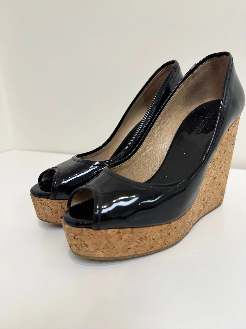 Jimmy Choo Black Patent Leather Peep Toe Cork Platform Wedge Shoes 38 Heels